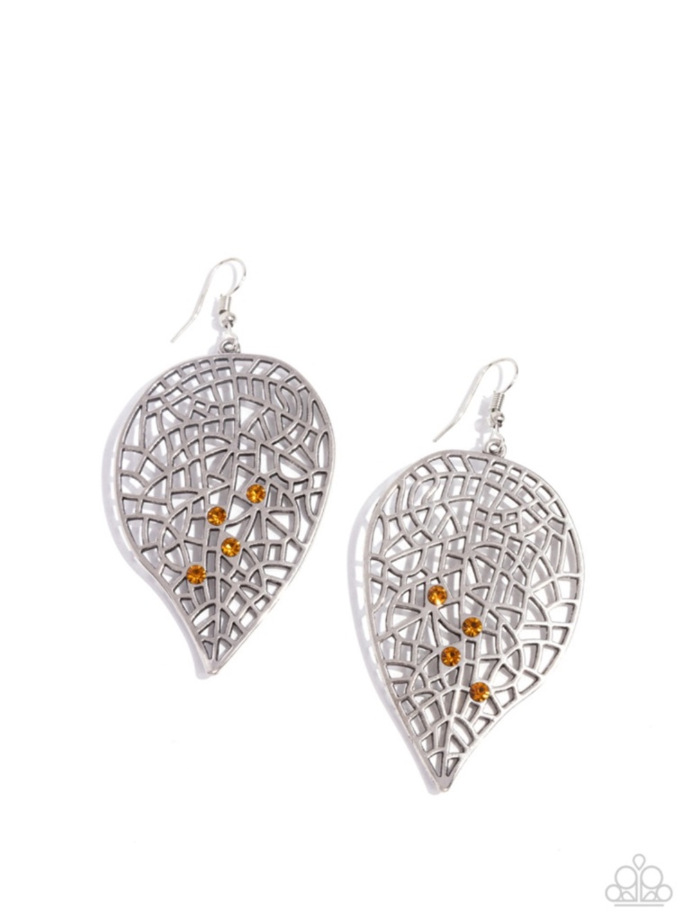 E-87 paparazzi Silver Leaf Filigree Earrings with Amber Stones